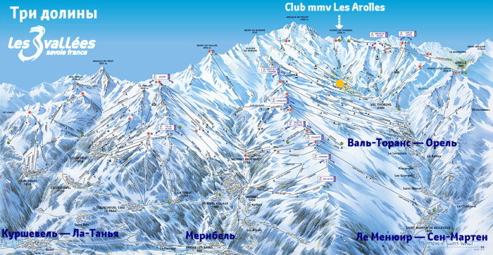 Расположение отеля MMV Les Arolles на карте зоны катания Три долины