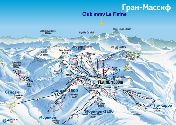 Расположение отеля Club mmv Le Flaine на карте зоны катания Гран-Массиф