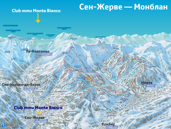 Расположение отеля Club mmv Le Monte Bianco на карте зоны катания Сен-Жерве