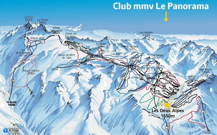 Расположение отеля Club mmv Le Panorama на карте зоны катания Ле Дез Альп